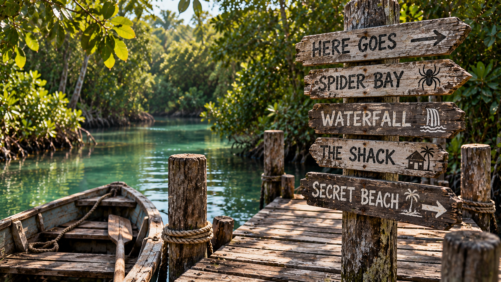 A wooden island sign beside the jetty. Here Goes and Spider Bay are open; Waterfall, The Shack and Secret Beach are not yet open.